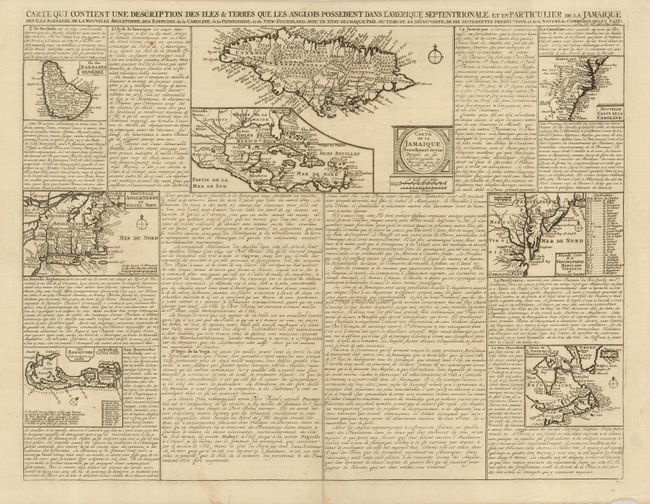 Carte qui contient une description des Iles & Terres qui les Anglois possedent dans l'Amerique Septentrionale, et en Particulier de la Jamaique