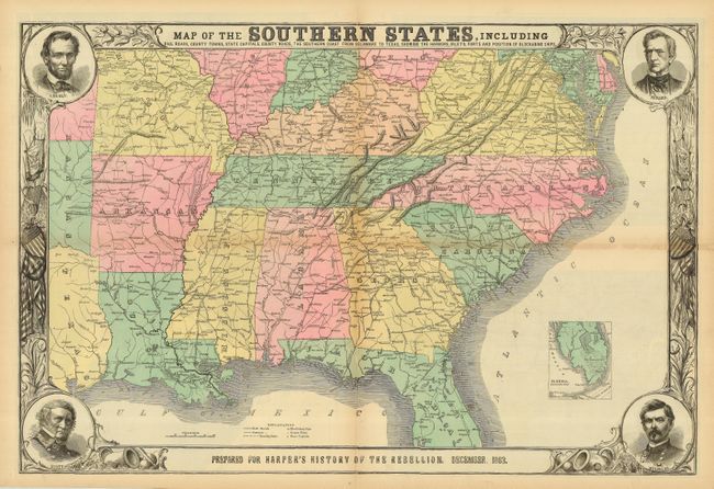 Map of the Southern States, Including Railroads, County Towns, State Capitals, County Roads, the Southern Coast from Delaware to Texas, Showing the Harbors, Inlets, Forts and Position of Blockading Ships