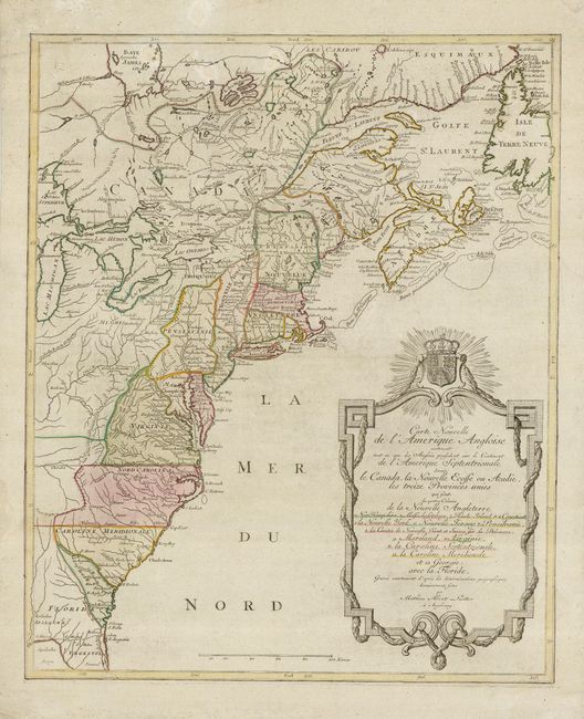 Carte Nouvelle de l'Amerique Angloise contenant tout ce que Anglois possedent sur le Continent de l' Amerique Septentrionale Savoir le Canada, la Nouvelle Ecosse ou Acadie, les treize Provinces Unies