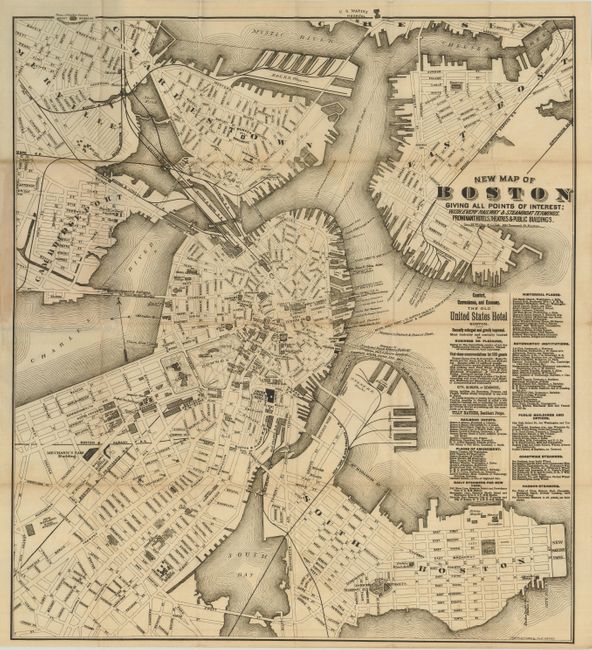 New Map of Boston giving all points of interest;  With Every Railway & Steamboat Terminus, Prominent Hotels, Theaters, and Public Buildings
