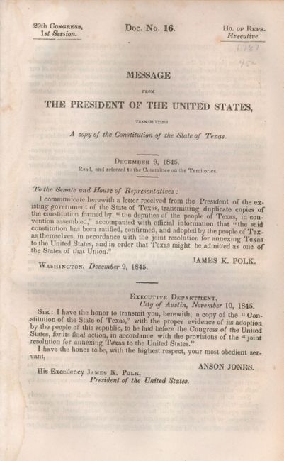 Message from the President of the United States, Transmitting a Copy of the Constitution of the State of Texas.
