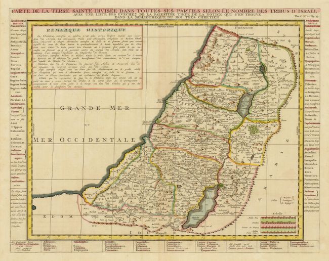 Carte de la Terre Sainte Divisee dans Toutes ses Parties Selon le Nombre des Tribus d' Israel avec une liste des Evechez de la Palestine Tiree de la Notice qui s' en Trouve dans la Bibliotheque du Roi tres Chretien