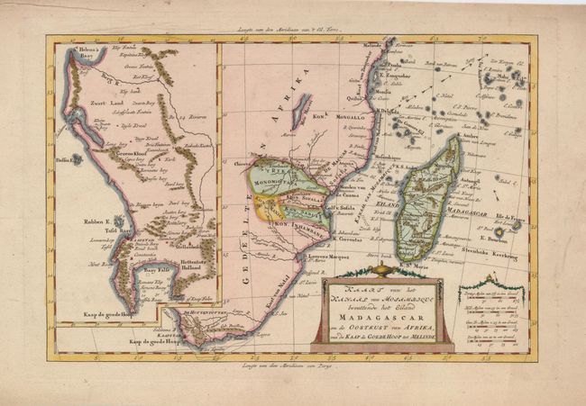 Kaart van het Kanaal van Mosambique bevattende het Eiland Madagascar en de Ooetkust van Africa, van de Kaap de Goede Hoop tot Melinde