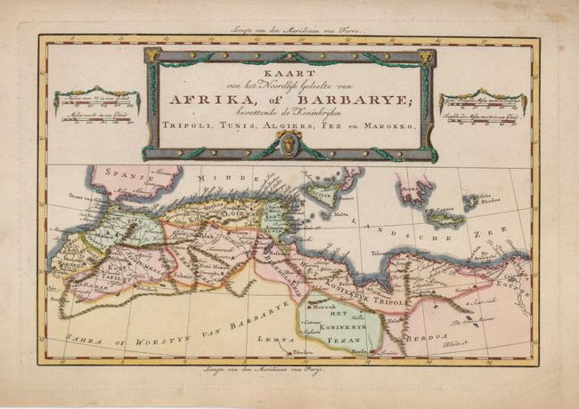 Kaart van het Noordlijk Gedeelte van Afrika, of Barbarye; bavattende de Koninkryken Tripoli, Tunis, Algiers, Fez en Marokko