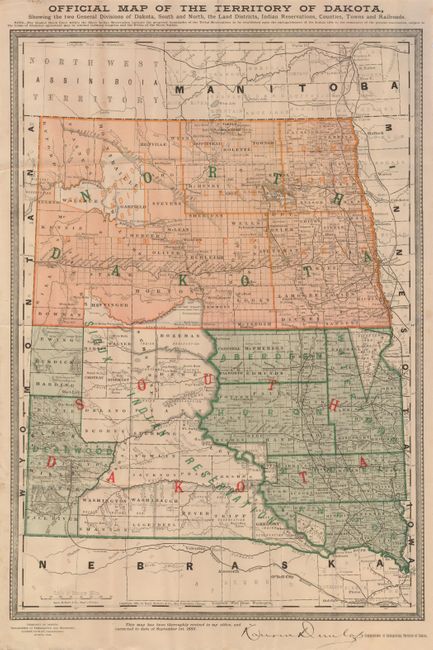Official Map of the Territory of Dakota, Showing the Two General Divisions of Dakota, South and North, the Land Districts, Indian Reservations, Counties, Towns and Railroads.