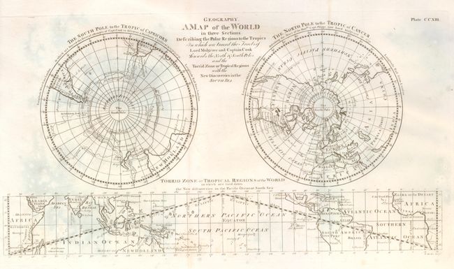 Geography. A Map of the World in Three Sections Describing the Polar Regions to the Tropics in which are traced the Tracts of Lord Mulgrave and Captain Cook