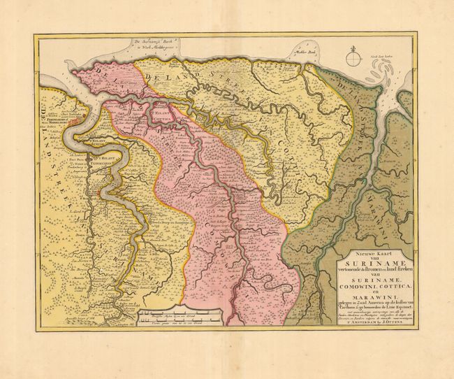 Nieuwe Kaart van Suriname Vertonende de Stromen en Landstreken van Suriname Comowini, Cottica, en Marawini 