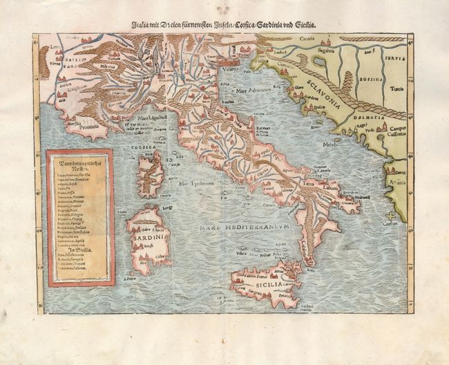 Italia mit dzeien furnemsten Inseln Corsica Sardinia und Sicilia