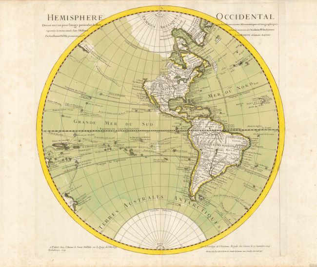 Hemisphere Occidental Dresse en 1720 pour l'usage particulier du Roy sur les Observations Astronomiques et Geographiques raportees la meme annee dans l'Histoire et dans les memoires de l'Academie Rle. de Sciences