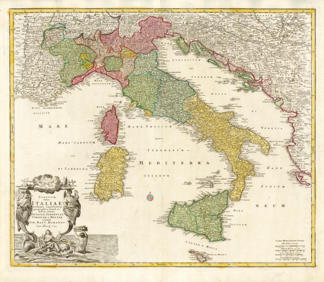 Statuum totius Italiae novissima repraesentatio geograhica simul exhibens insulas Siciliae Sardiniae Corsicae et Maltae conante