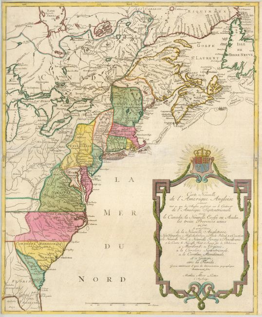 Carte Nouvelle de l'Amerique Angloise contenant tout ce que Anglois possedent sur le Continent de l' Amerique Septentrionale Savoir le Canada, la Nouvelle Ecosse ou Acadie, les treize Provinces Unies