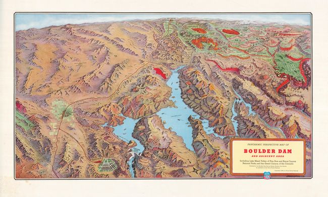 Panoramic Perspective Map of Boulder Dam and Adjacent Area Including Lake Mead, Valley of Fire, Zion and Bryce Canyon National Parks, and the Grand Canyon of the Colorado