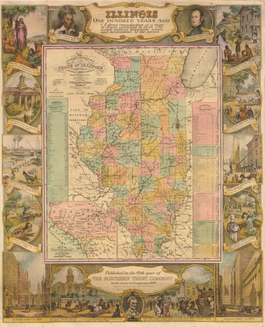 Illinois One Hundred Years Ago  A direct reproduction of a map of Illinois published in 1834.  The panels portray important events and developments of the period.