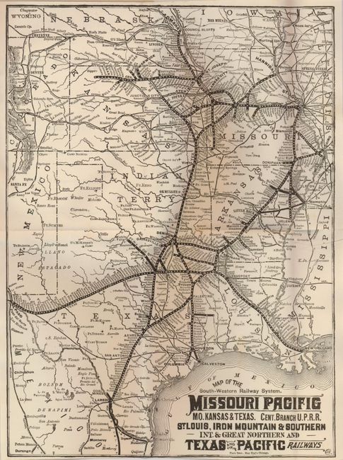 Map of the South-Western Railway System.  Missouri Pacific.  Mo. Kansas & Texas. Cent. Brnch U.P.R.R. St. Louis, Iron Mountain & Southern Texas and Pacific Railways