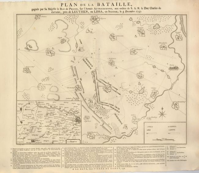 Plan de la Bataille, gagnee par Sa Majeste le Roi de Prusse, sue l'Armee Autrichienne, aux ordres de S.A.R. le Duc Charles de Lorraine, pres de Leuthen, ou Lissa, en Silesie;  le 5 Decembre 1757.