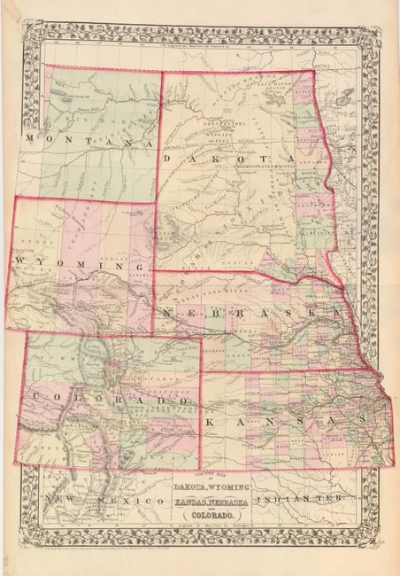 County Map of Dakota, Wyoming Kansas, Nebraska and Colorado