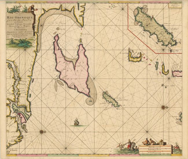 Pas Kaart van Rio Oronoque Golfo de Paria met e Eylanden Trinidad, Tabago, Granada, Granadillos, en Bequia