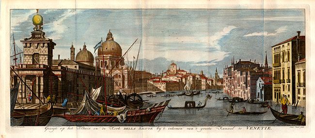 Gezigt op het Tolhuis en de Kerk della Salute by 't inkomen van 't Groote Kanaal te Venetie