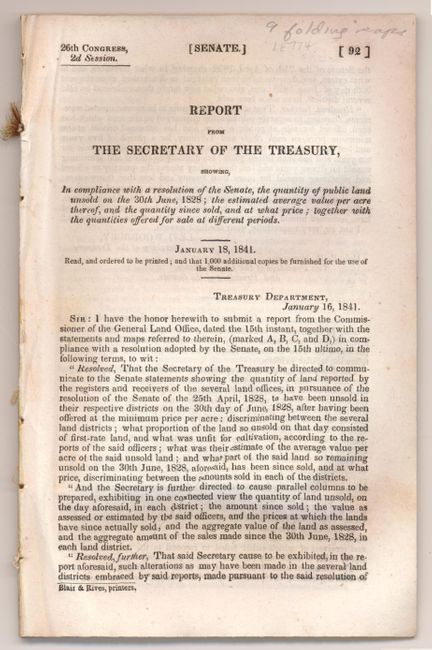 Report From The Secretary of the Treasury, Showing, In compliance with a resolution of the Senate, the quantity of public land unsold on the 30th June 1828