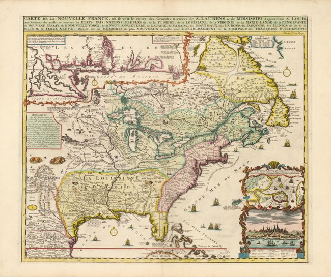 Carte de la Nouvelle France, ou se voit le cours des Grandes Rivieres de S. Laurens & de Mississipi Aujour d'hui S. Louis, Aux Environs des-quelles se trouvent les Etats, Pais, Nations, Peuples &c.