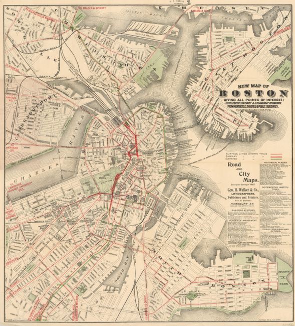 New Map of Boston giving all points of interest;  With Every Railway & Steamboat Terminus, Prominent Hotels, Theaters, and Public Buildings