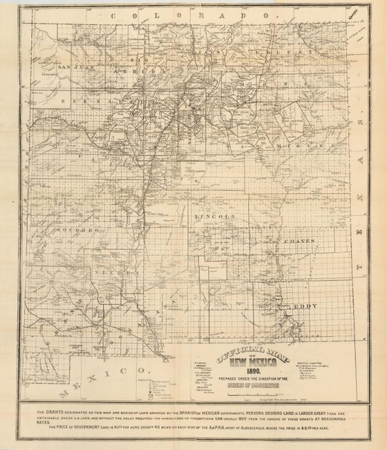 Official Map of New Mexico. 1890. Prepared Under the Direction of the Bureau of Immigration