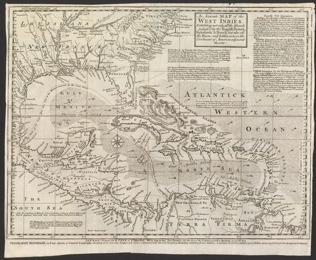 An Accurate Map of the West Indies, Exhibiting not only all the Islands possess'd by the English, French, Spaniards & Dutch, but also all the Towns and Settlements on the Continent of America adjacent thereto