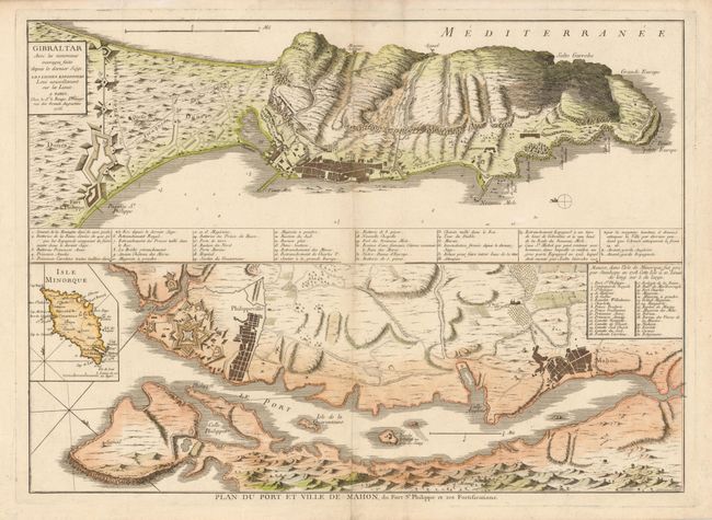 Gibraltar avec les Nouveaux Ouvrages Faites depuis le Dernier Siege. Les Lignes Espagnoles Leve Nouvellment sur les Lieux [on sheet with] Plan du Port et Ville de Mahon, du Fort St. Phillippe et ses Fortifications