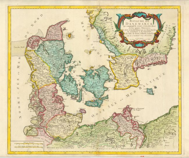 Royaume de Danemarck qui comprend le Nort-Jutland divise en ses quatre Dioceses, le Sud-Jutland divise en ses deux Duches de Sleswick et de Holstein et les Isles de Fionie, Selande, Laland, &c.
