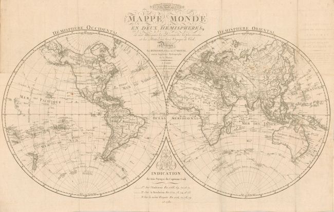 Mappe Monde en Deux Hemispheres, ou sont Marquees les Decouvertes les plus recentes et les Routes, des trois Voyages de Cook