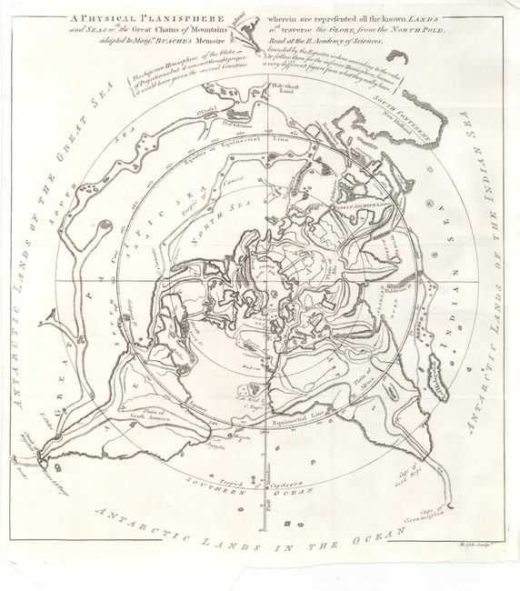 A Physical Planisphere wherein are represented all the known Lands and Seas wth. the Great Chains of Mountains wch. traverse the Globe from the North Pole. Adapted to Monsr: Buache's Memoire Read at the R. Academy of Sciences
