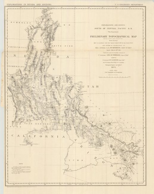 Explorations and Surveys South of Central Pacific R. R. War Department Preliminary Topographical Map Embracing in skeleton a portion only of the Notes from Surveys