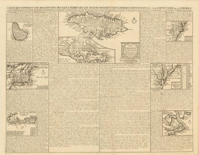Carte qui Contient une Description des Iles & Terres que les Anglois Possedent dans l'Amerique Septentrionale, et en Particulier de la Jamaique, des Iles Barbades, de la Nouvelle Angleterre, des Barmudes, de la Caroline, de la Pensilvanie 