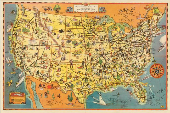 A good-natured map of the United States setting forth the services of The Greyhound Lines and a few principle connecting bus lines