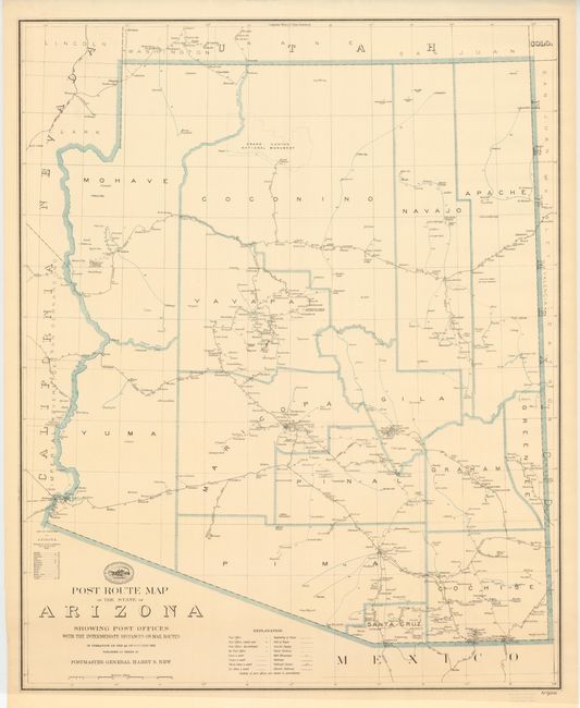 Post route map of the United States Arizona showing post offices with the Intermediate Distances on Mail Routes  