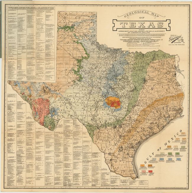 Geological Map of Texas Showing Approximate Locations and Drilling Wells. Also Names the Companies Drilling