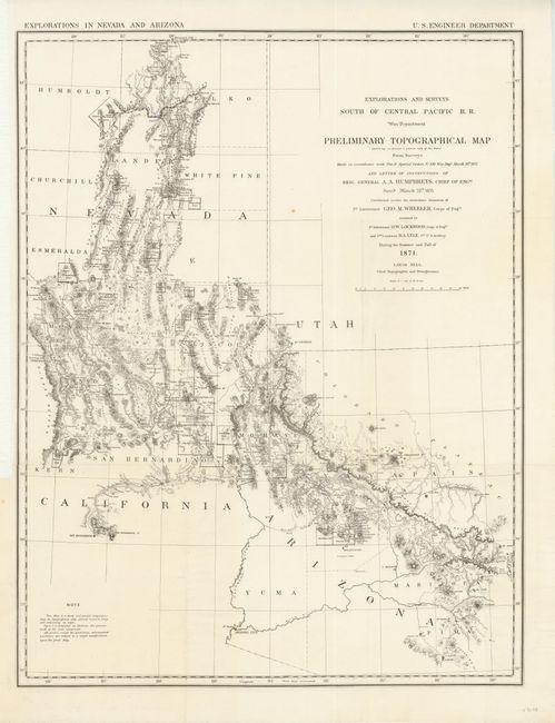 Explorations and Surveys South of Central Pacific R. R. War Department Preliminary Topographical Map Embracing in skeleton a portion only of the Notes from Surveys