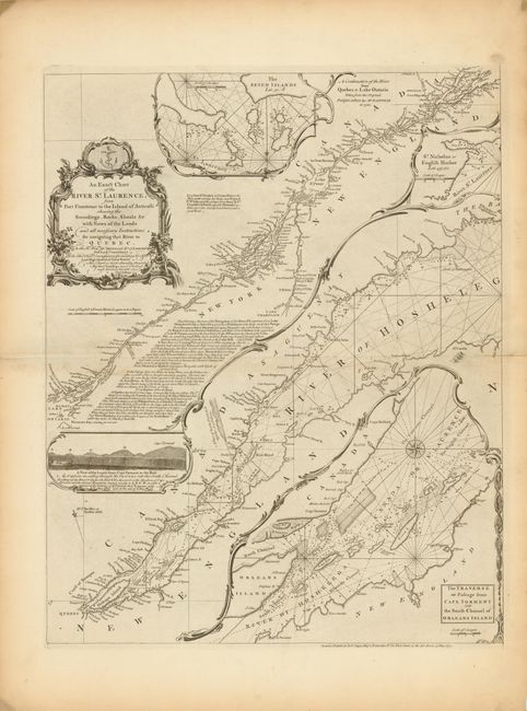 An Exact Chart of the River St. Laurence, from Fort Frontenac to the Island of Anticosti Shewing the Soundings, Rocks, Shoals, &c. with Views of the Lands and All Necessary Instructions for Navigating that River to Quebec