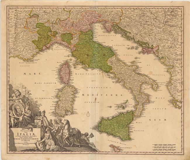 Statuum Totius Italiae Novissima Repraesentatio Geograhica Simul Exhibens Insulas Siciliae Sardiniae Corsicae et Maltae Conante