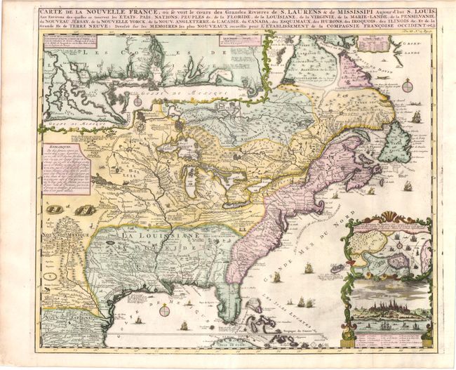 Carte de la Nouvelle France, ou se voit le cours des Grandes Rivieres de S. Laurens & de Mississipi Aujour d'hui S. Louis, aux Environs des-quelles se trouvent les Etats, Pais, Nations, Peuples &c.