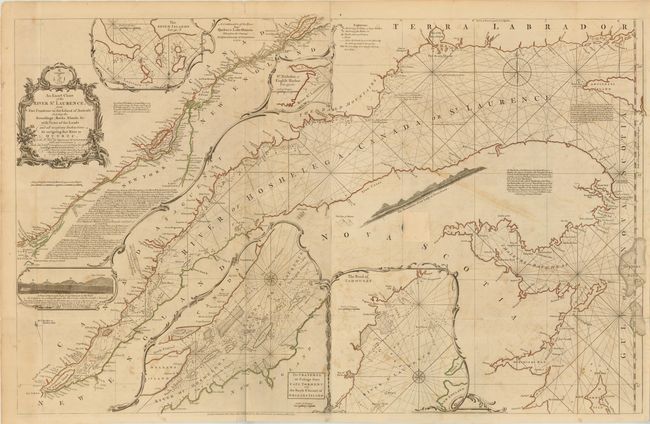 An Exact Chart of the River St. Laurence, from Fort Frontenac to the Island of Anticosti Shewing the Soundings, Rocks, Shoals, &c. with Views of the Lands and All Necessary Instructions for Navigating that River to Quebec