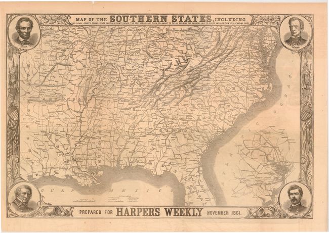 Map of the Southern States, Including Railroads, County Towns, State Capitals, County Roads, the Southern Coast from Delaware to Texas, Showing the Harbors, Inlets, Forts and Position of Blockading Ships