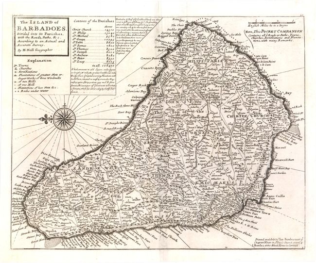 The Island of Barbadoes. Divided into its Parishes, with the Roads, Paths, &c. According to an Actual and Accurate Survey