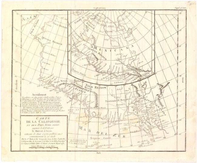 Carte de la Californie et des Pays Nord-Ouest separes de l'Asie par le Detroit d'Anian, extraite de deux cartes publiees au commencement du 17e siecle