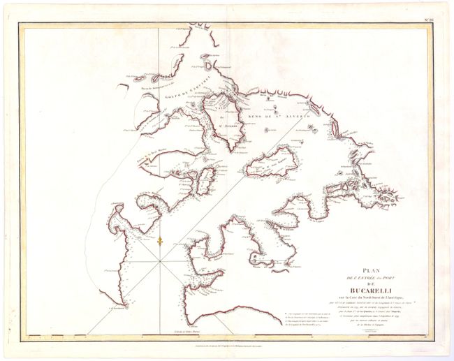 Plan de l'Entree du Port de Bucarelli sur la Cote du Nord-Ouest de l'Amerique, par 5515' de Latitude Nord et 13615' de Longitude a l'Ouest de Paris. Decouverte en 1775