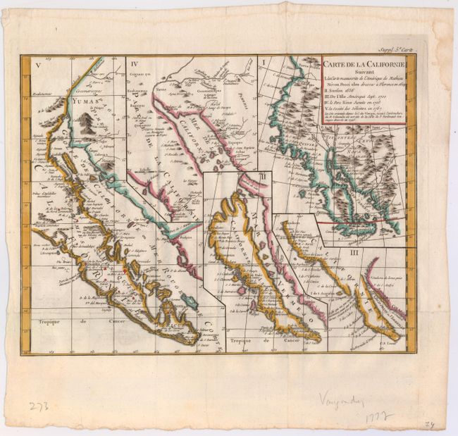 Carte de la Californie Suivant I. La Carte Manuscrite de l'Amerique de Mathieu Neron Pecci Olen Dresse a Florence en 1604, II. Sanson 1656, III. De L'Isle Amerique Sept. 1700, IV. Le Pere Kino Jesuite en 1705, V. La Societe des Jesuites en 1767