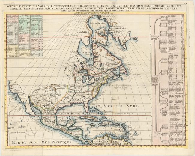 Nouvelle Carte de l'Amerique Septentrionale Dressee sur les Plus Nouvelles Observations de Messieurs de l'Academie des Sciences et des Meilleurs Geographes avec des Tables Tres Instructives et Curieuses...