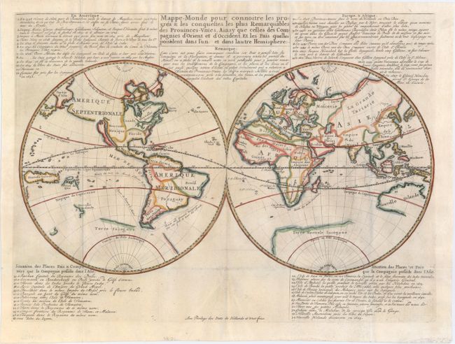 Mappe-Monde pour Connoitre les Progres & les Conquestes les Plus Remarquables des Prouinces-Unies, Ainsy que Celles des Compagnies d'Orient et d'Occident, et les Pais Quelles Possedent dans l'un et dans Lautre Hemisphere
