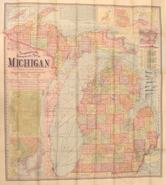 Scarborough's Commercial Map of Michigan and Portions of Adjoining States. With Inset Maps of Detroit, Sault Ste. Marie, Panama, and Eastern Asia...