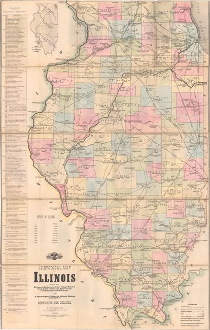 Historical Map of Illinois Showing Early Discoveries, Explorations, Indian Villages, Missions, Trails, Battle Fields, Forts, Block Houses, First Settlements and Mail Routes...